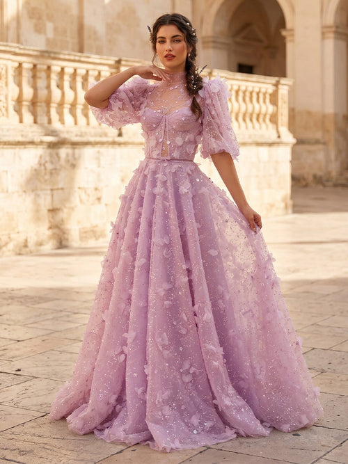 A-line tulle evening gown with high neck and short sleeves, full length