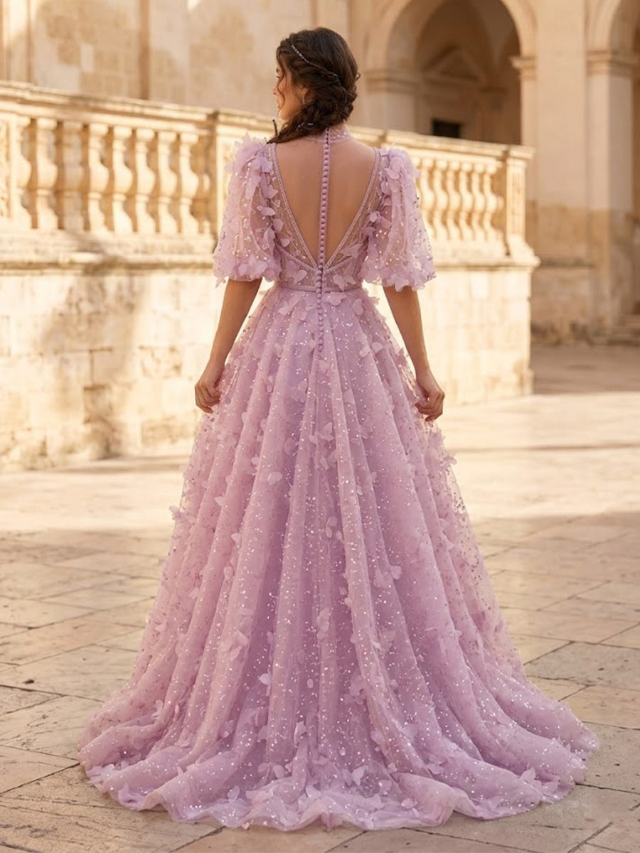Tulle evening gown high neckline and short sleeve detail