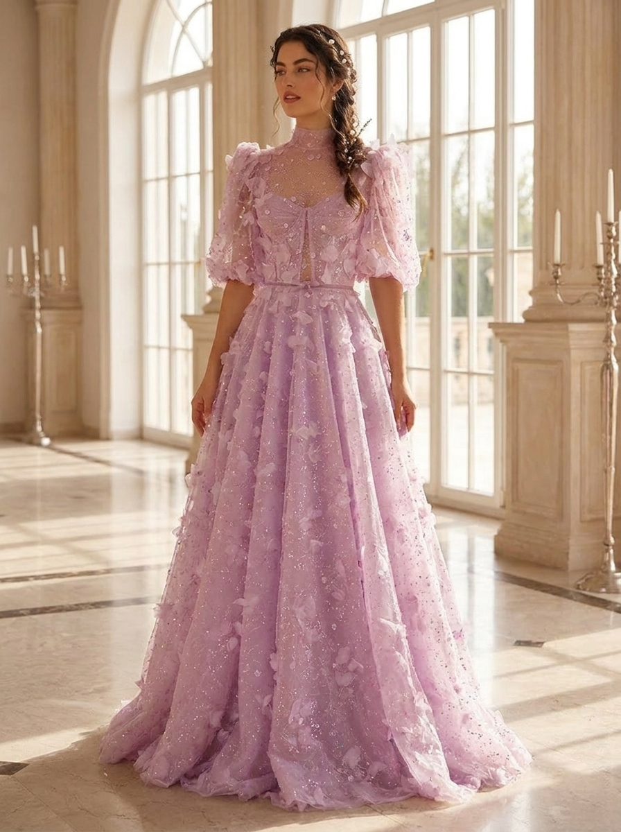 Model wearing the lilac A-line tulle evening gown with high neckline and short sleeves at a formal event