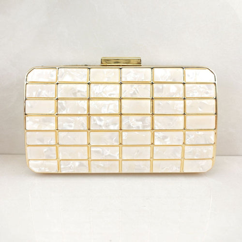 Acrylic evening clutch purse in champagne with lock closure