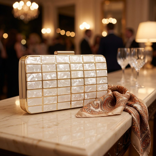 Clear acrylic evening clutch purse with metal lock closure held at a formal event
