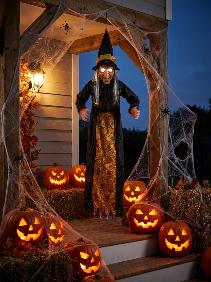 Hanging witch prop displayed on a porch at dusk
