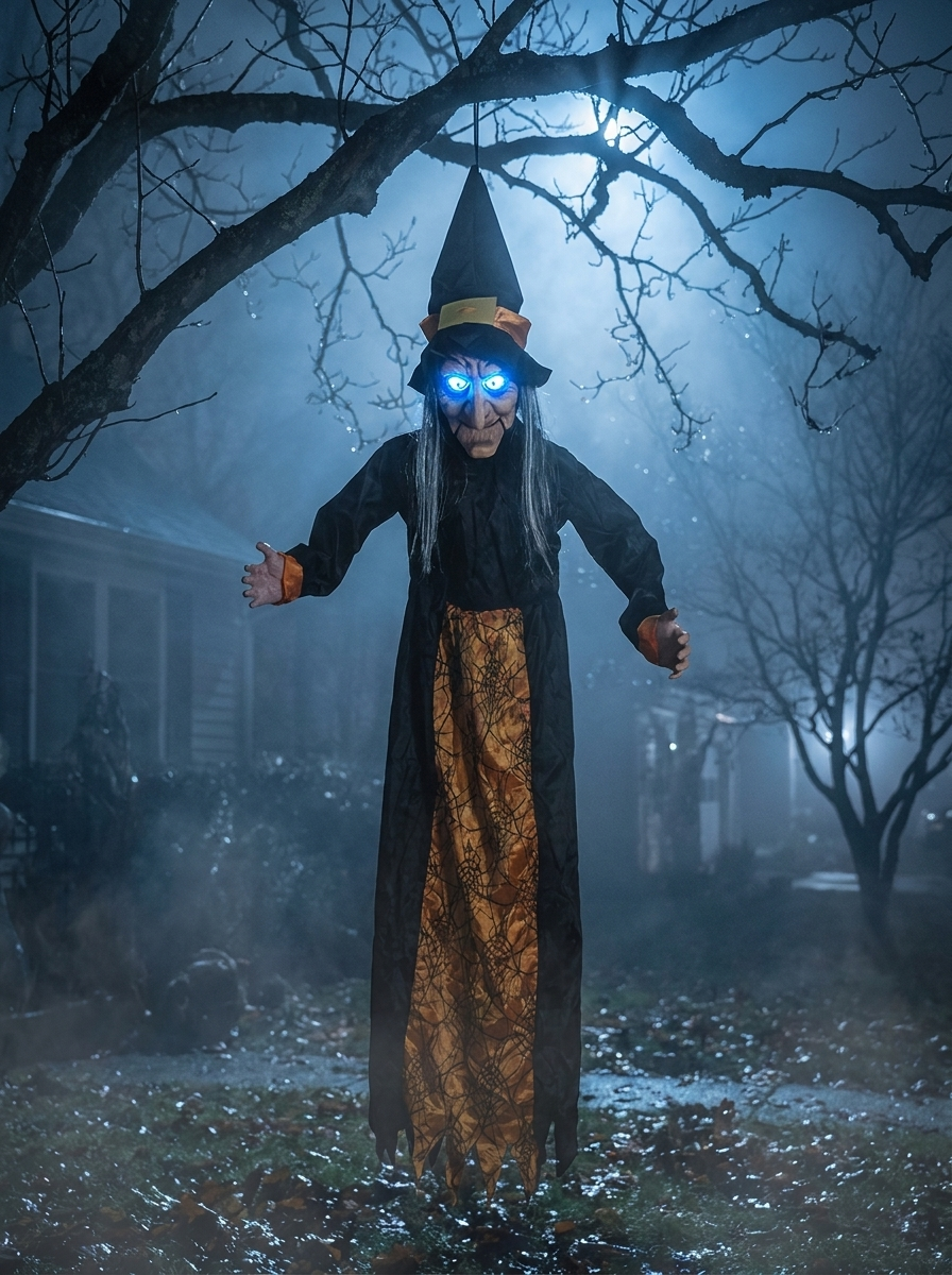 Hanging witch prop in a foggy yard at night