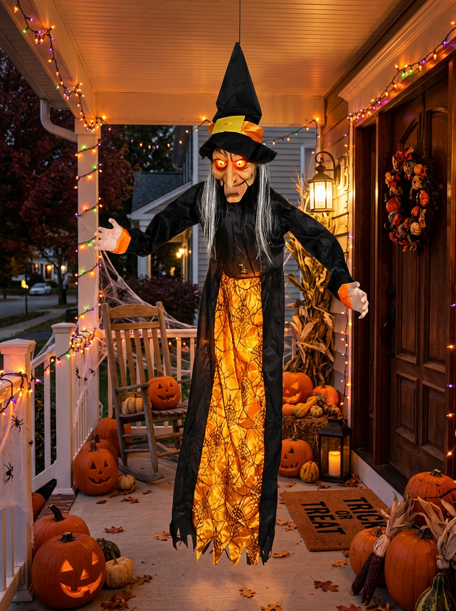 Hanging witch prop on a decorated Halloween porch