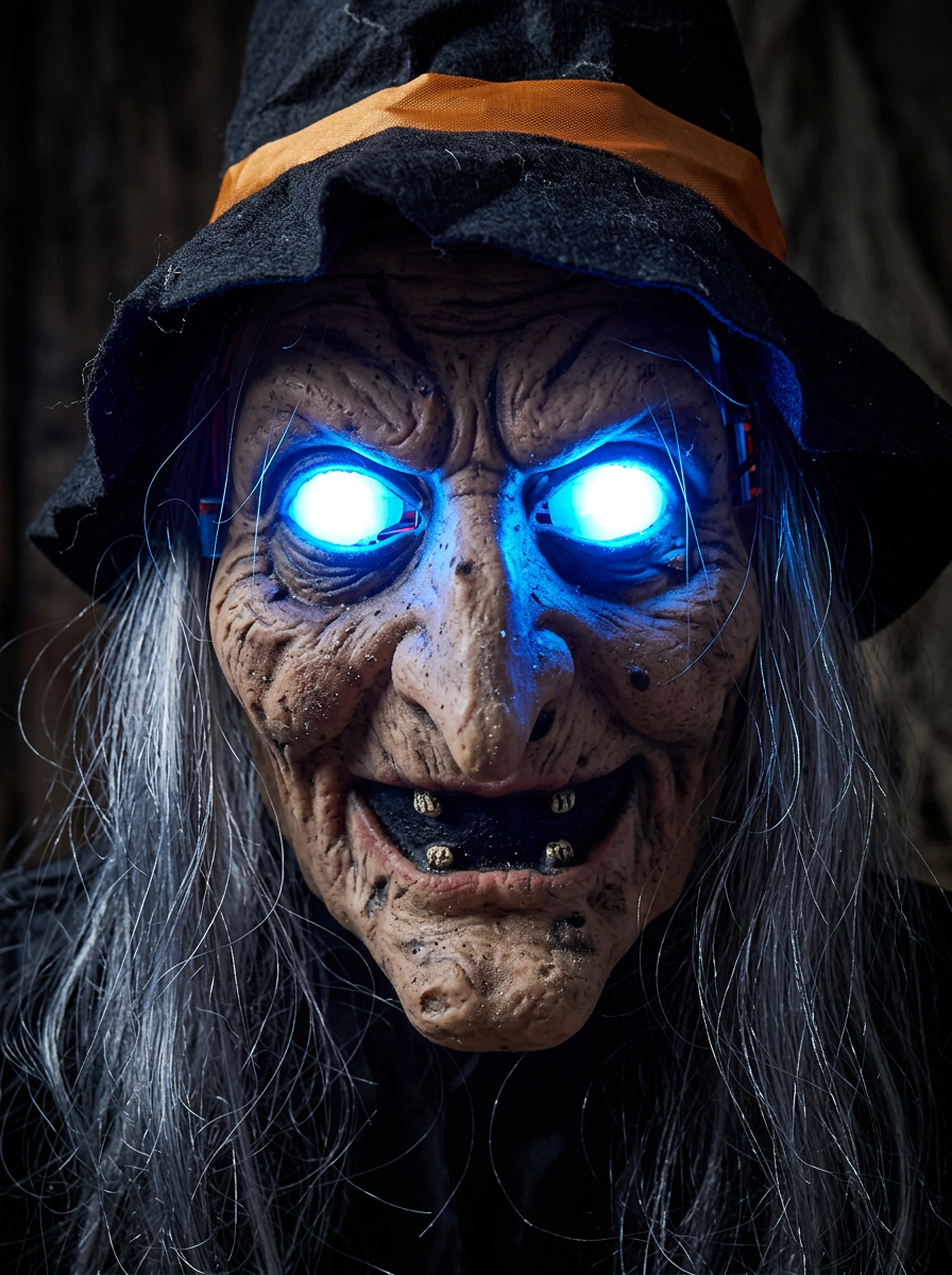 Close-up of the witch's glowing light-up eyes