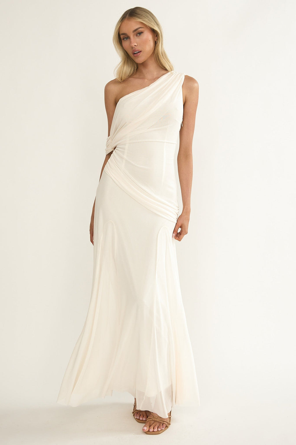 Asymmetric neckline draped maxi dress, front view