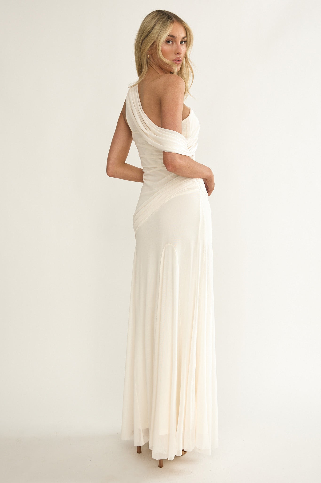 Draped maxi dress, side view