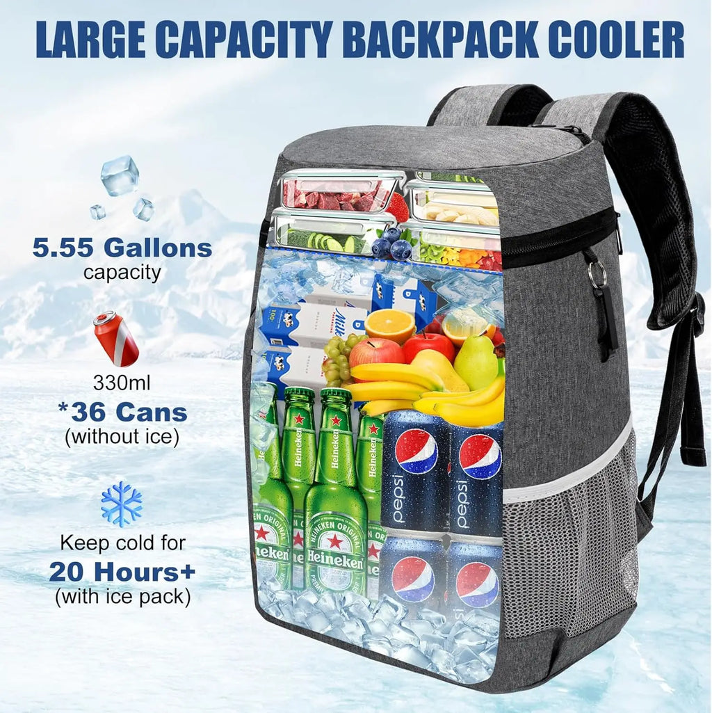 Backpack cooler bag open, showing the insulated main compartment