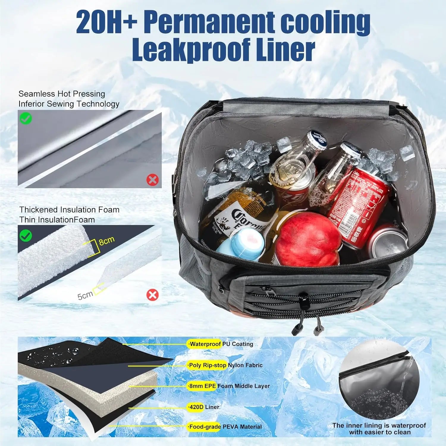 Backpack cooler bag packed with cans