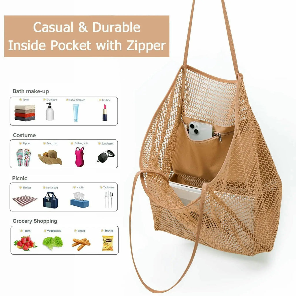 Beach tote bag carried by handles