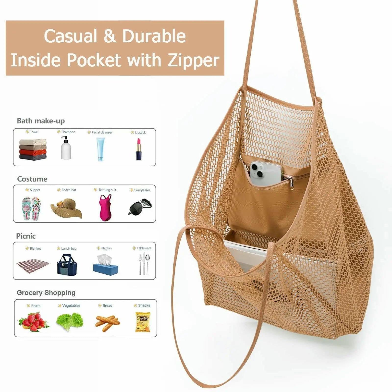 Beach tote bag carried by handles