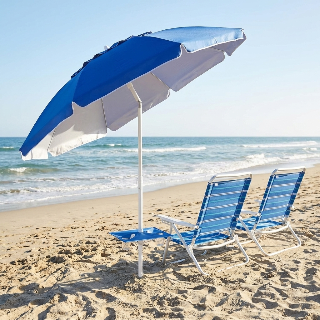Blue and white 7 ft beach umbrella tilted over two folding chairs on a sandy beach