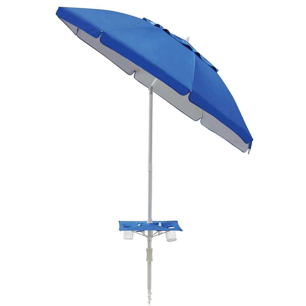 7 ft beach umbrella open on sand, portable sun shade parasol with tilt