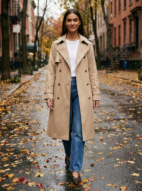 Beige double breasted trench coat worn by a woman on a city street