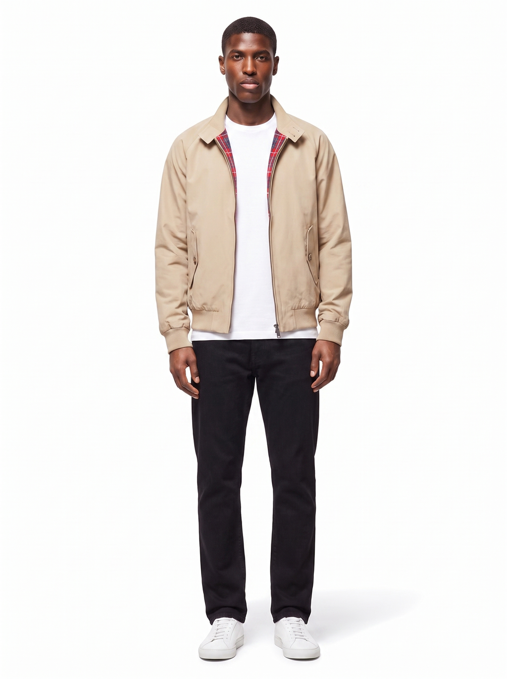 Beige harrington jacket with plaid lining worn by model, front view