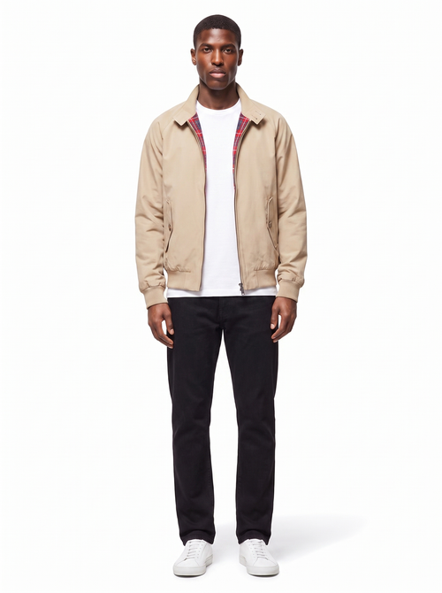 Beige harrington jacket with plaid lining worn by model, front view