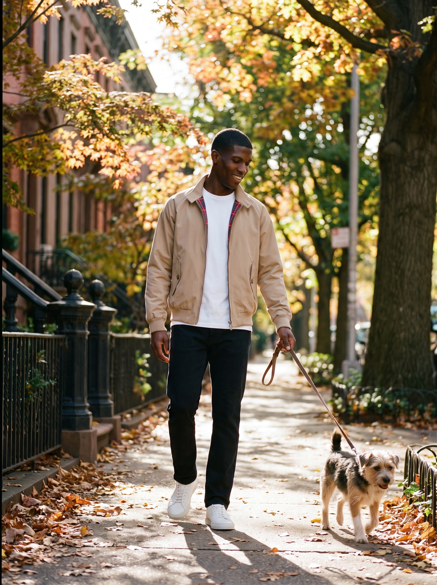 Beige harrington jacket worn outdoors in autumn