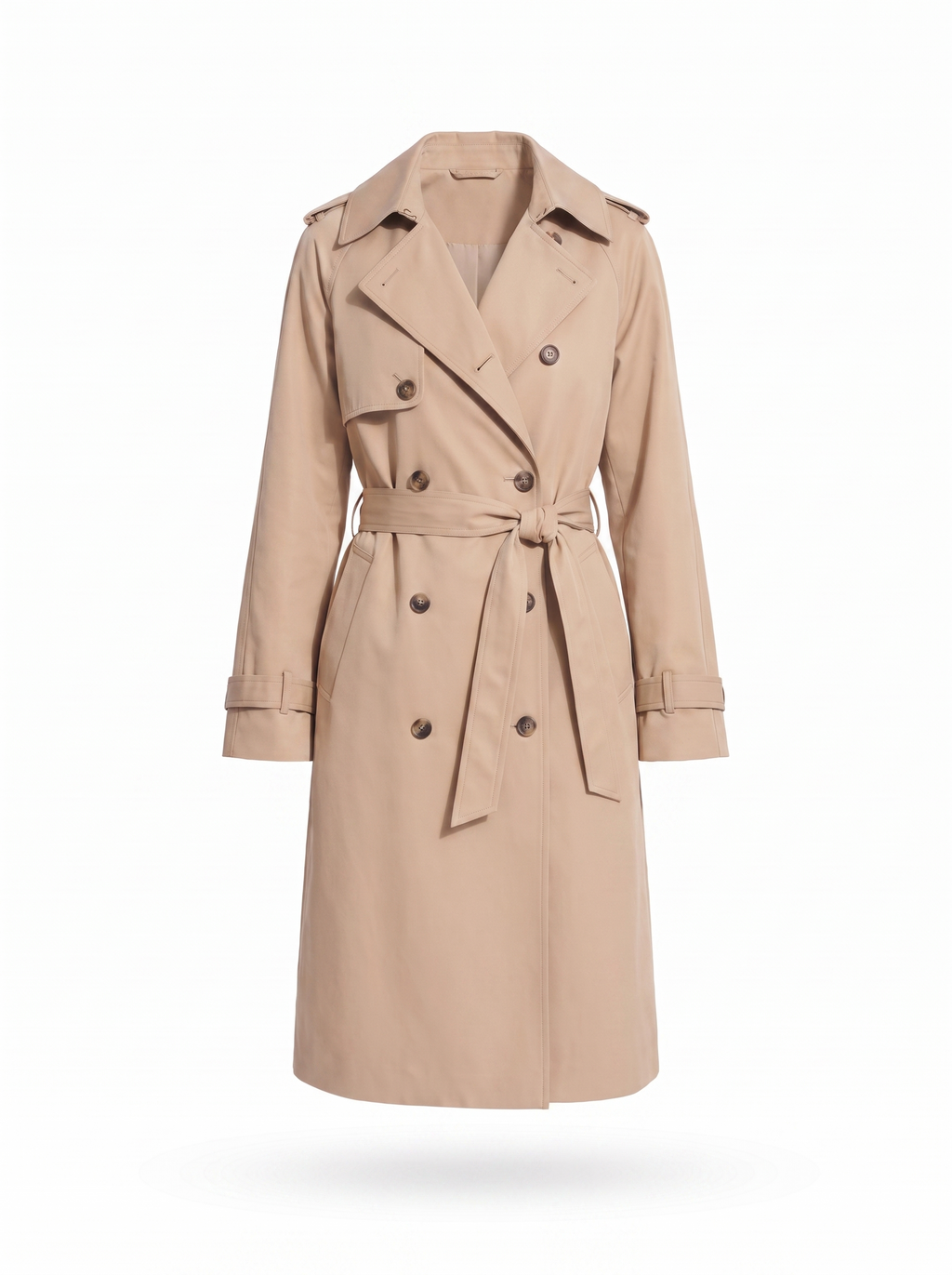 Beige trench coat product shot on white background