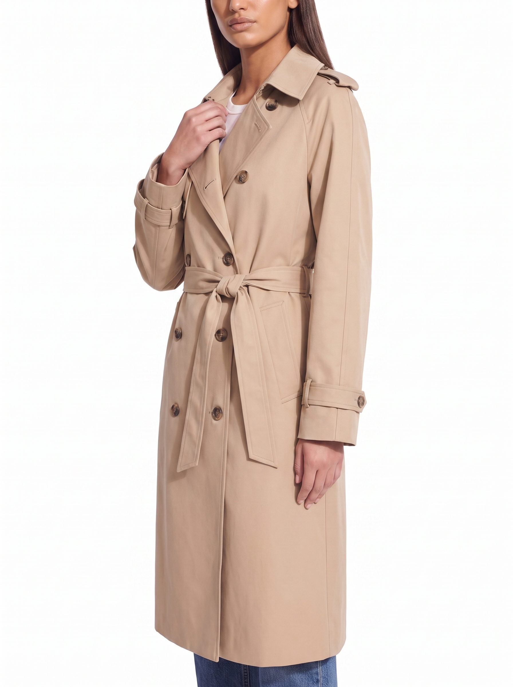Beige trench coat three quarter view