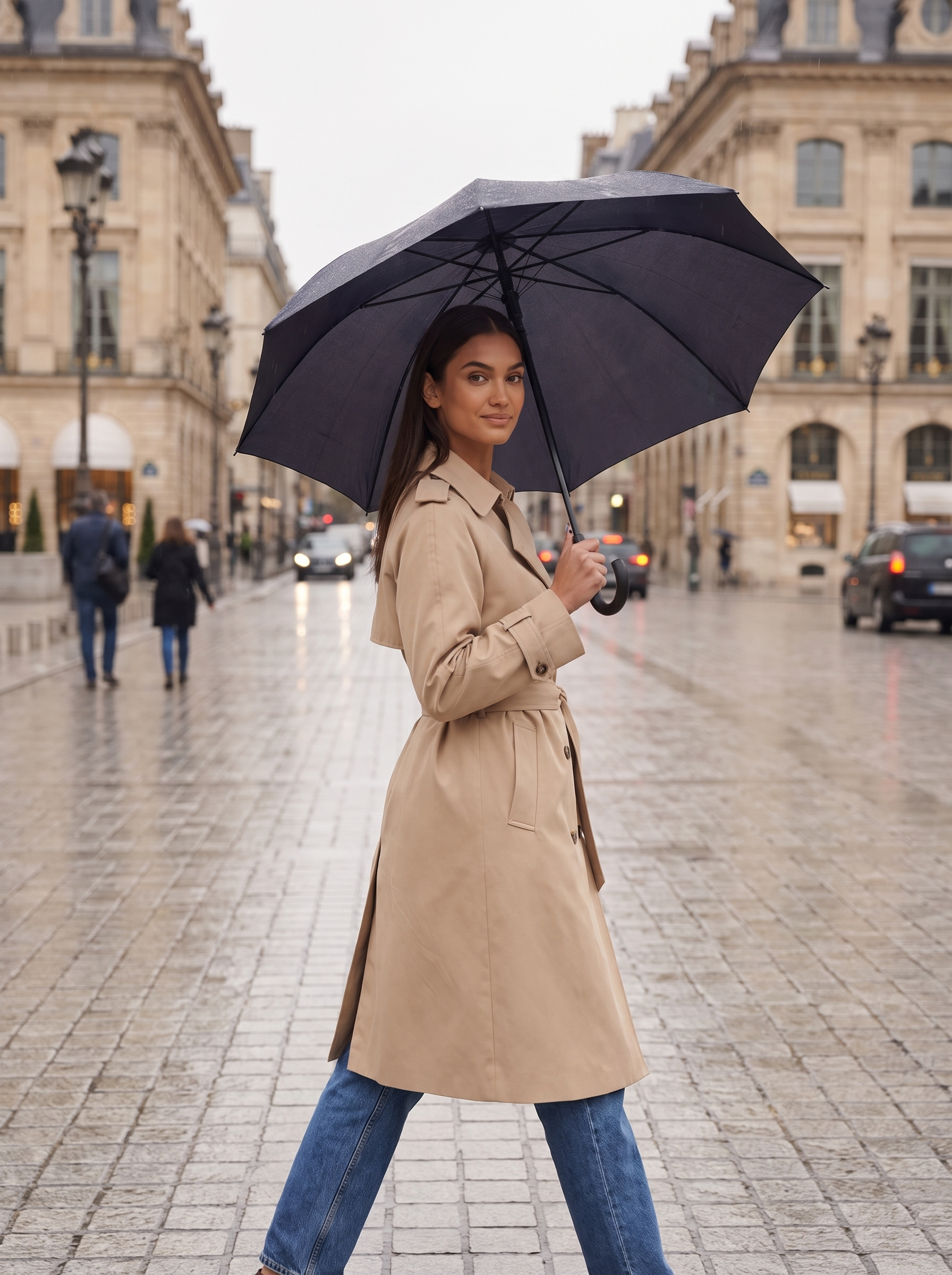 Beige trench coat worn on a rainy street
