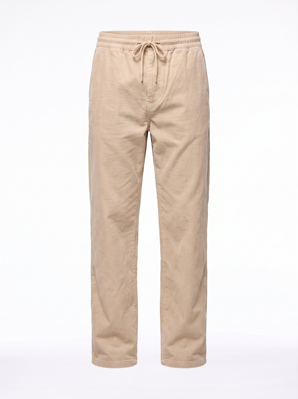 Beige corduroy pants product shot on white background
