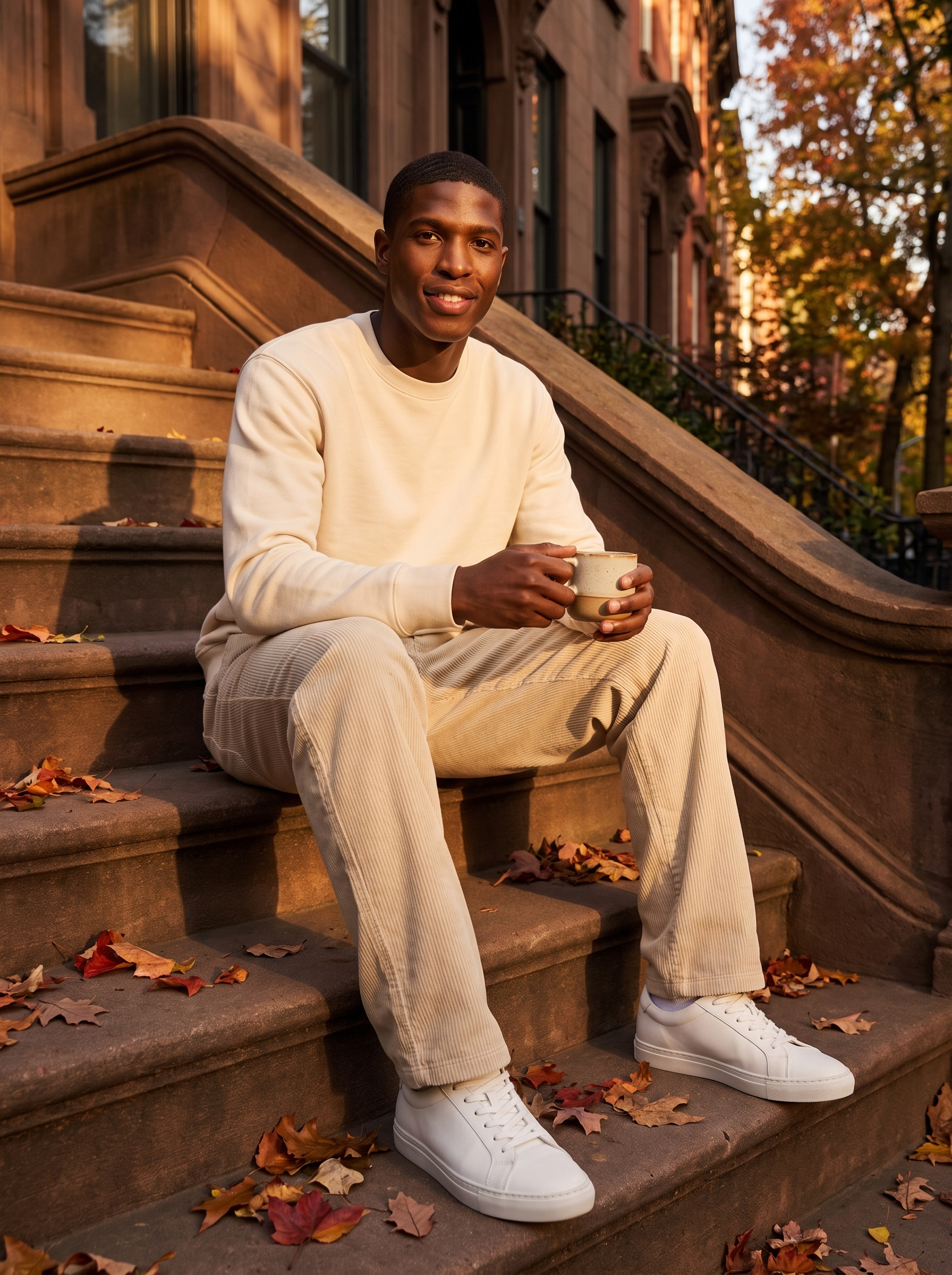 Beige corduroy pants worn on outdoor steps