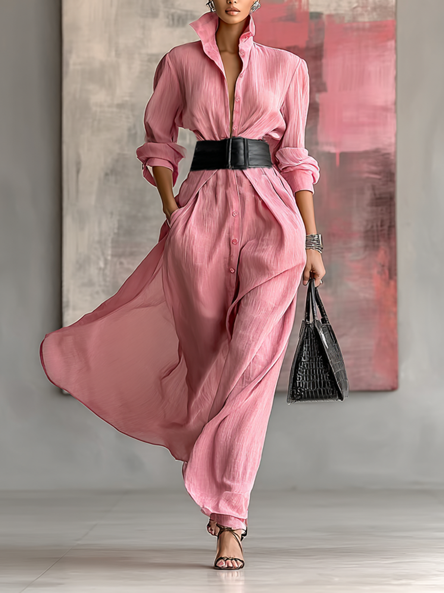 Belted maxi shirt dress, front view