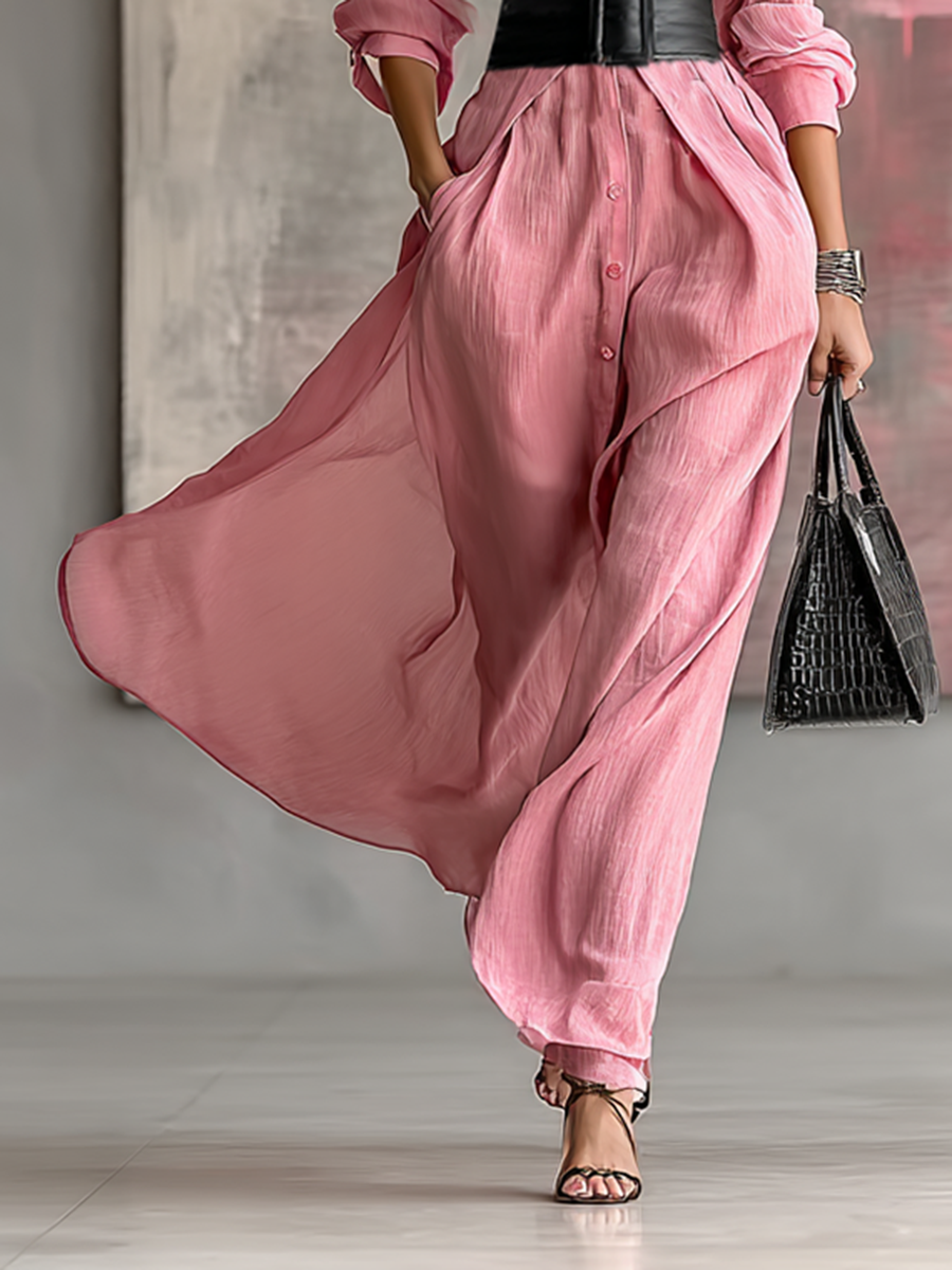 Side view of the belted maxi shirt dress