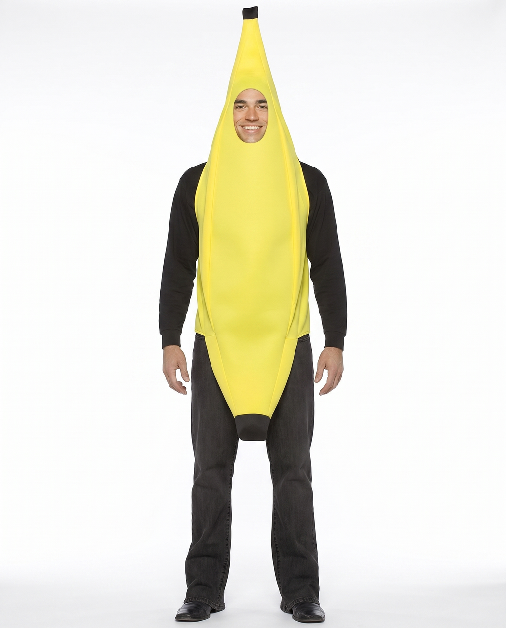 Adult wearing a yellow banana full-body costume, front view