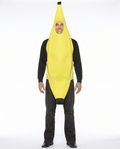 Adult wearing a yellow banana full-body costume, front view