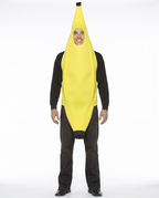 Adult wearing a yellow banana full-body costume, front view