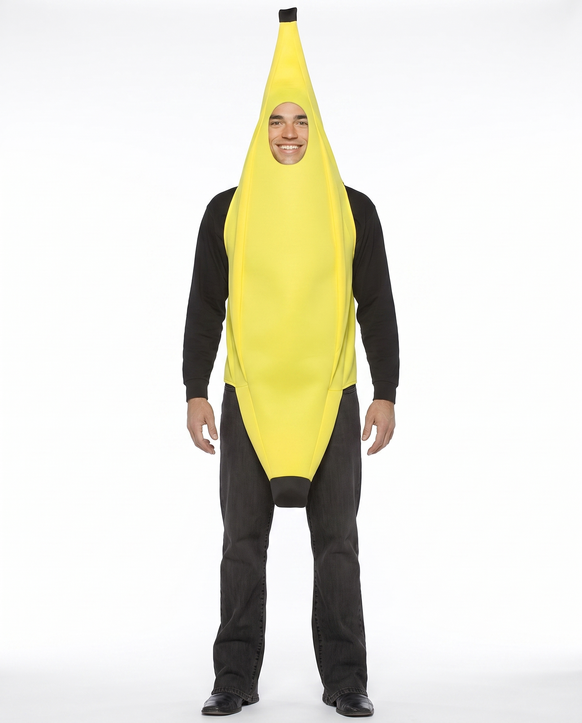 Adult wearing a yellow banana full-body costume, front view
