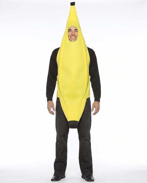 Adult wearing a yellow banana full-body costume, front view
