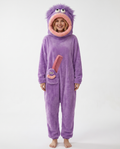 Purple big-mouth monster hooded onesie, front view on model