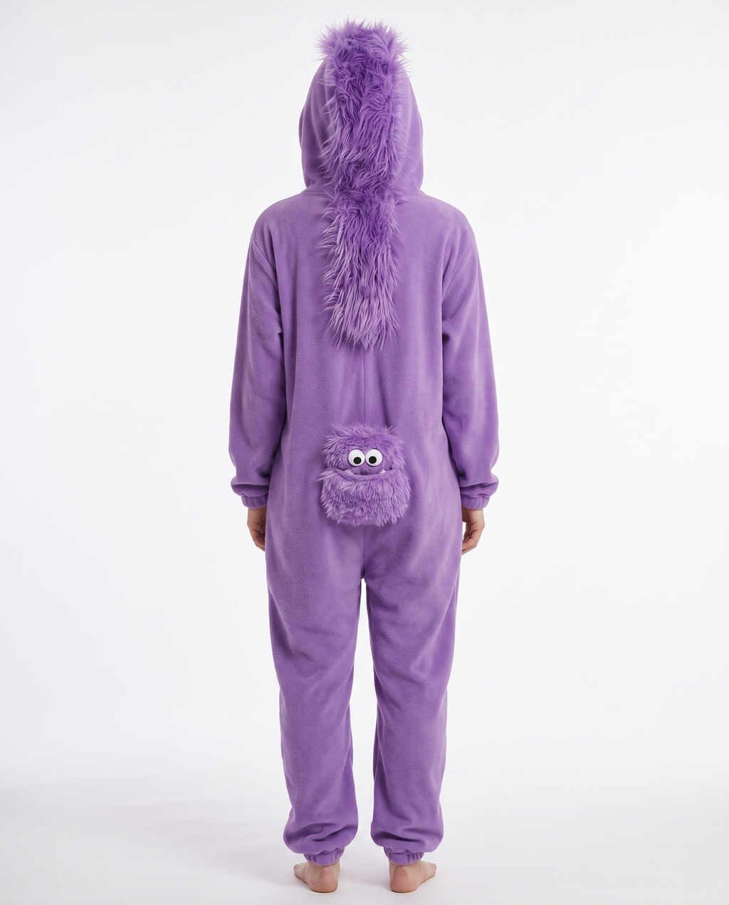 Monster hooded onesie back view showing the mane and pocket