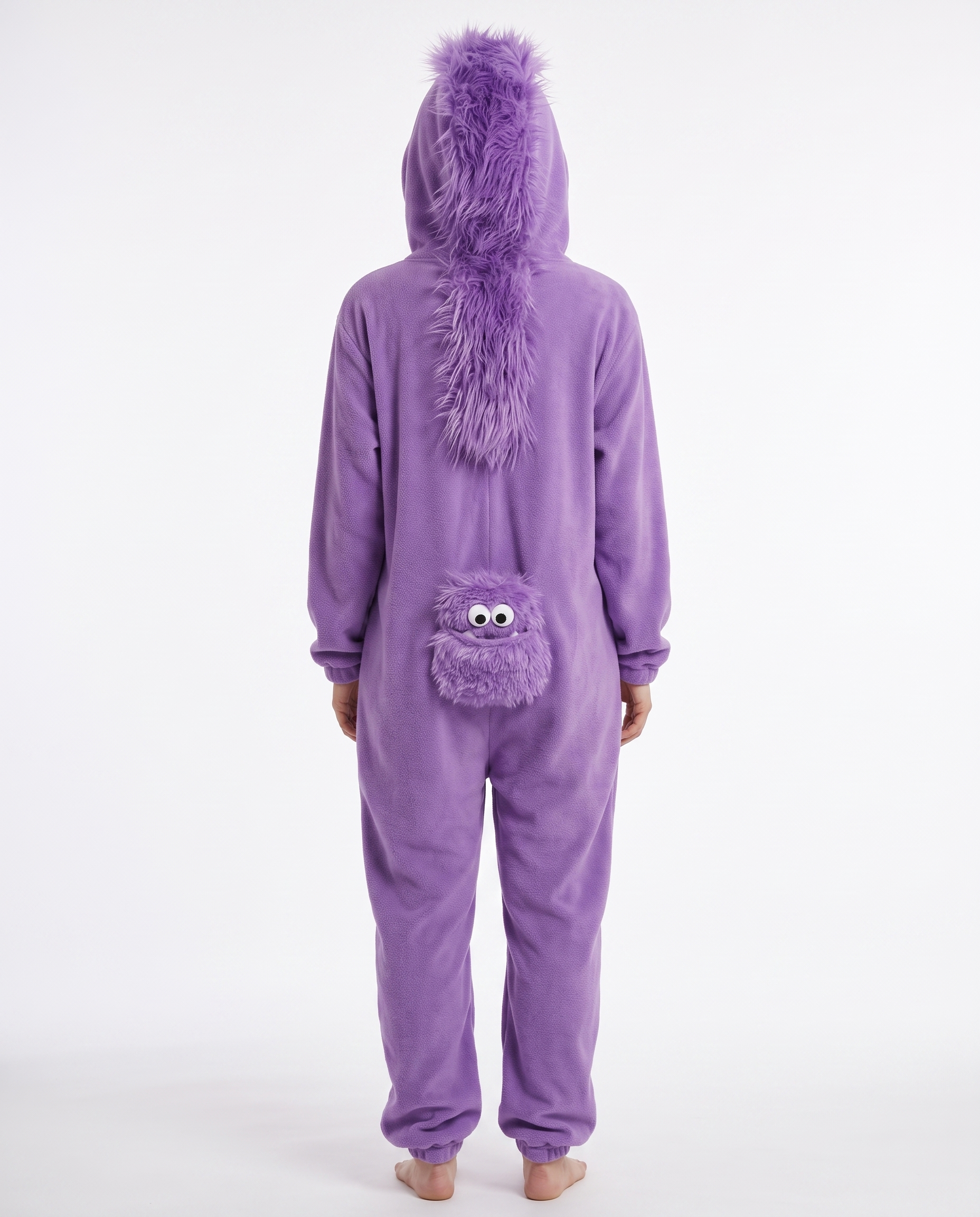 Monster hooded onesie back view showing the mane and pocket