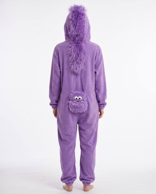 Monster hooded onesie back view showing the mane and pocket
