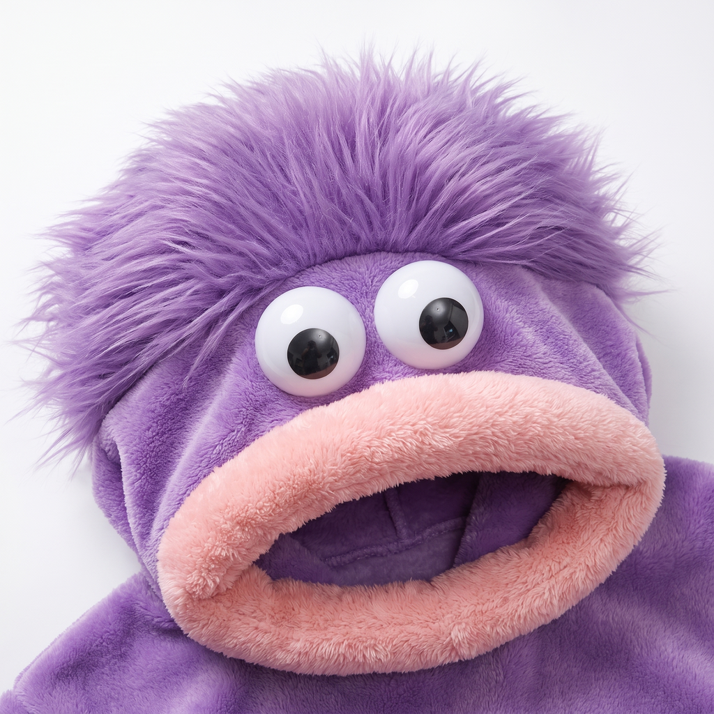 Monster onesie hood detail with googly eyes and furry mouth
