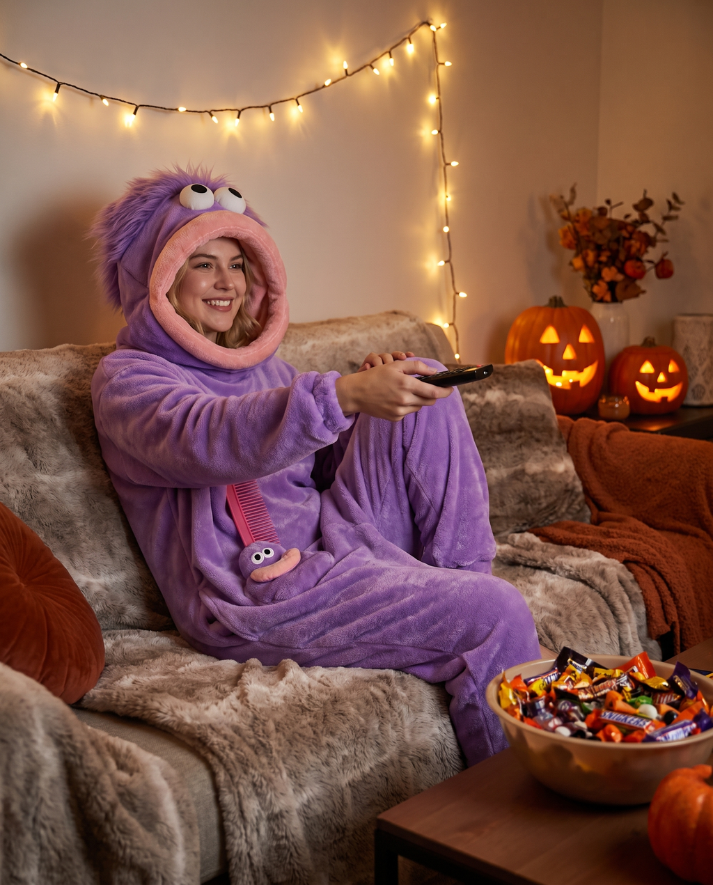 Person relaxing on a couch in the monster hooded onesie