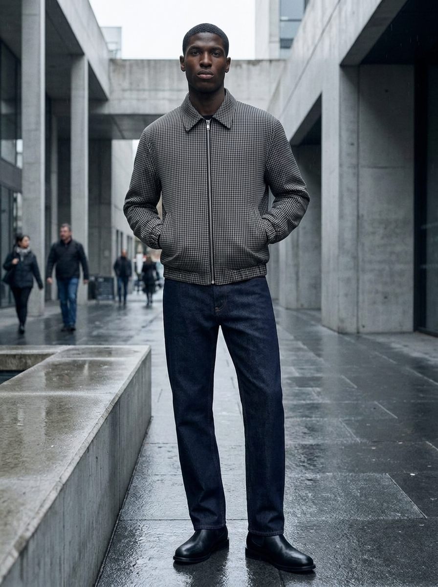 Model wearing a black and white micro plaid harrington jacket on a city street