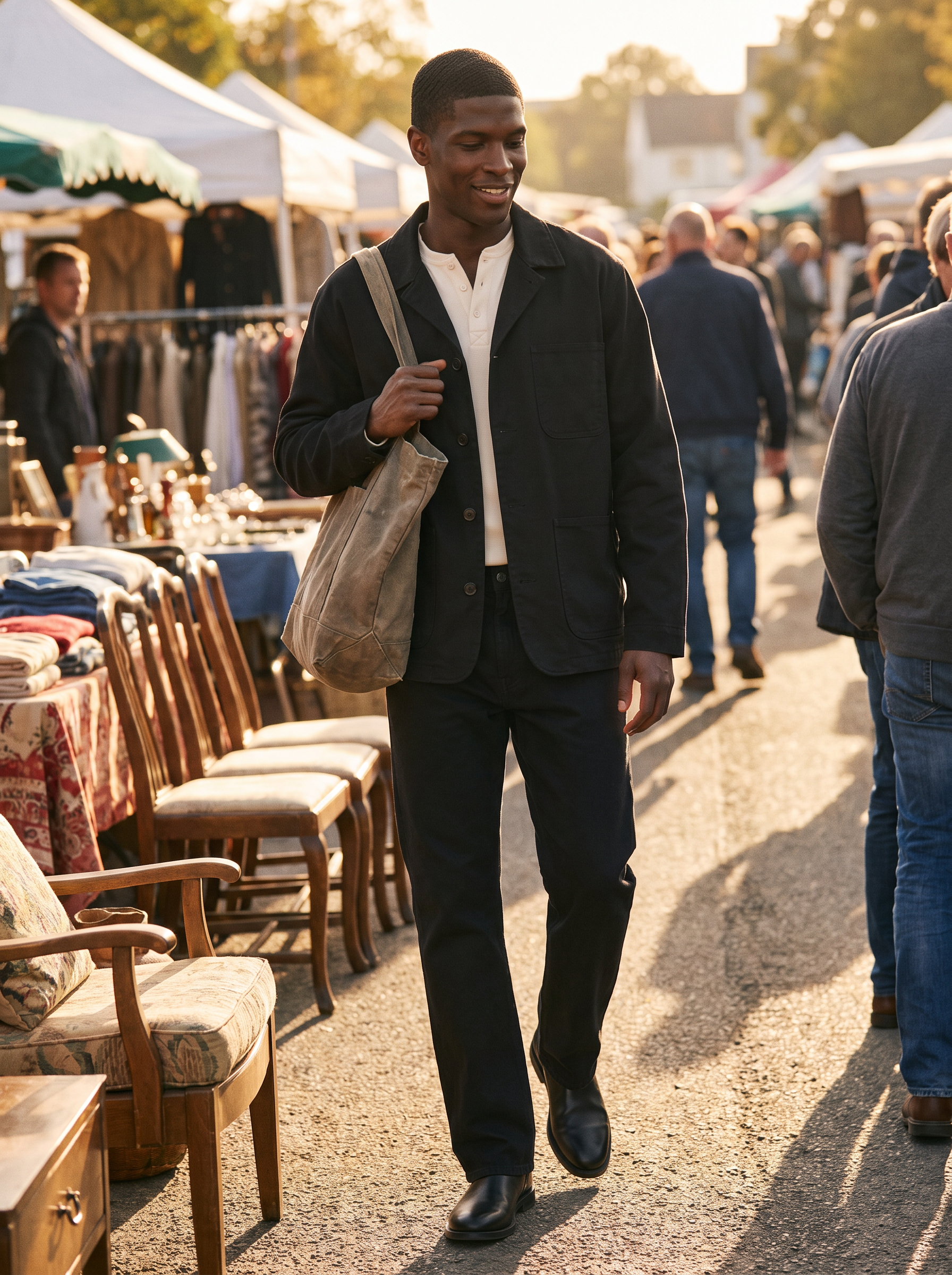 Black chore jacket worn at an outdoor market