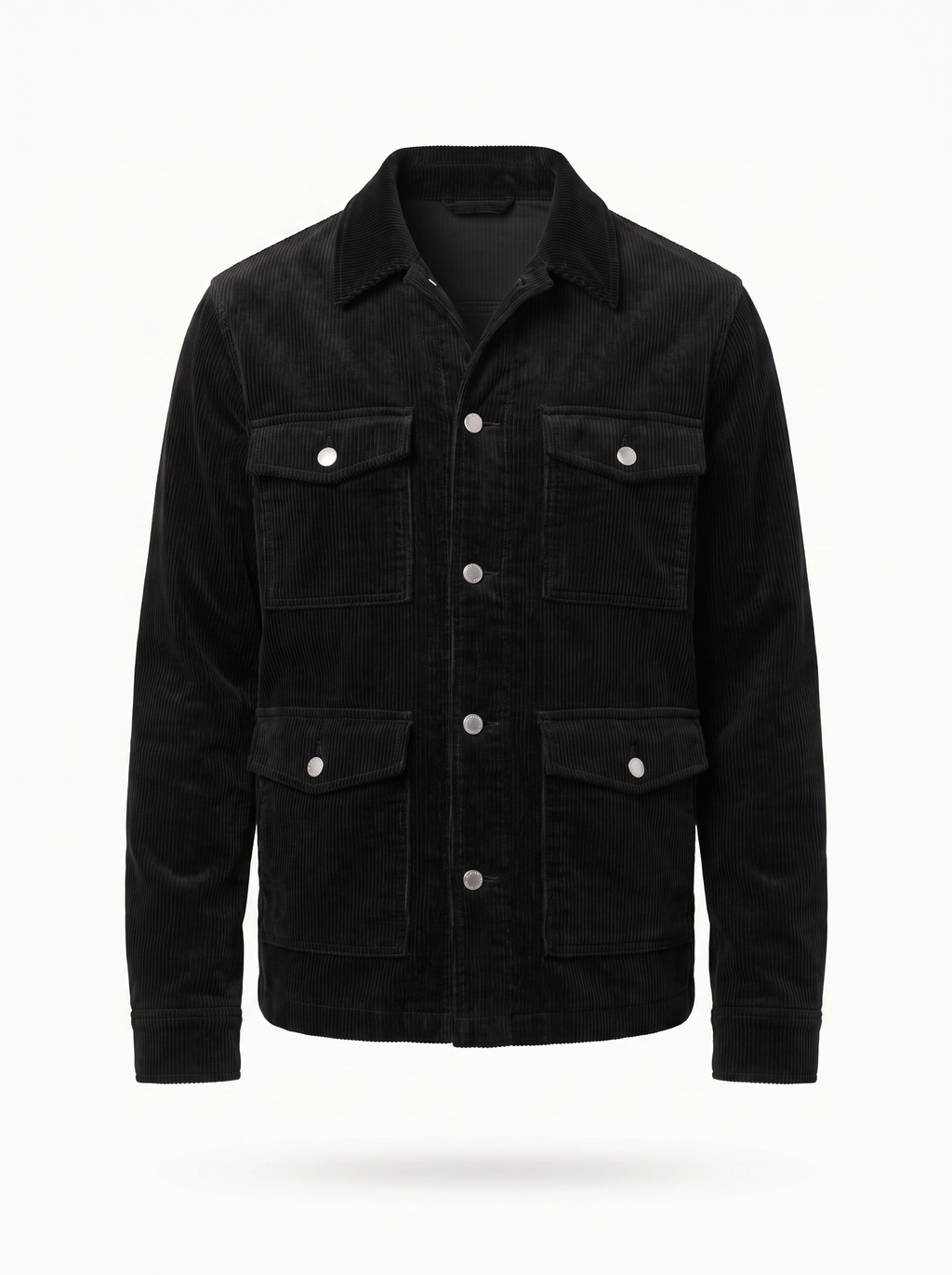 Black corduroy cargo jacket flat product shot on white background