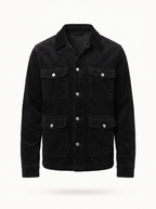 Black corduroy cargo jacket flat product shot on white background
