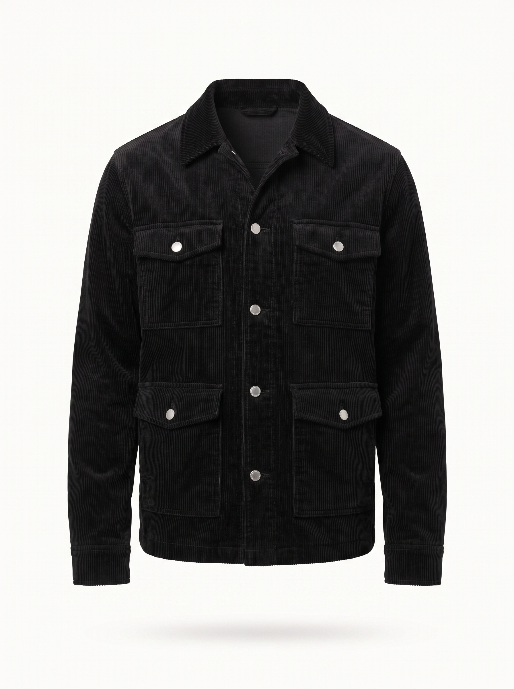 Black corduroy cargo jacket flat product shot on white background