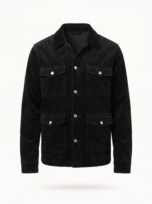 Black corduroy cargo jacket flat product shot on white background