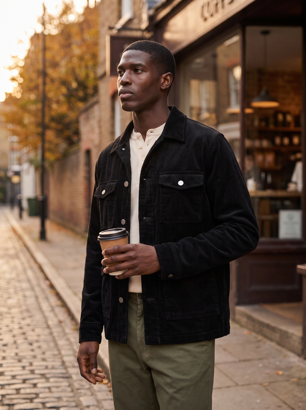 Model wearing black corduroy cargo jacket, seated indoors