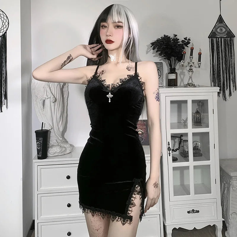 Black cross mini dress with spaghetti straps and high waist slit