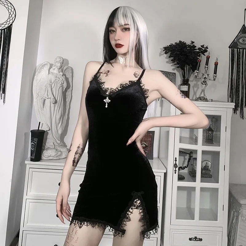 Black cross mini dress with spaghetti straps and high waist slit