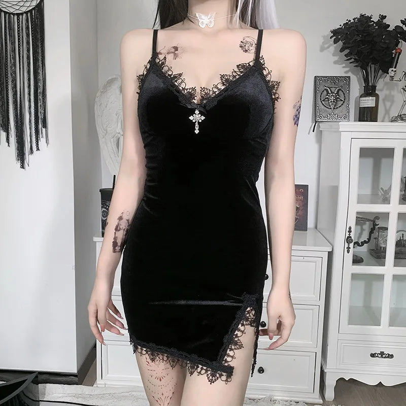Black cross mini dress with spaghetti straps and high waist slit