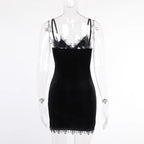 Black cross mini dress with spaghetti straps and high waist slit